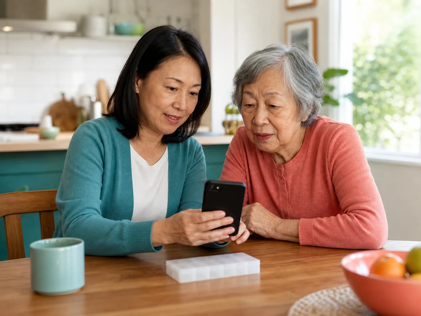 A woman helping a family member review information on a phone